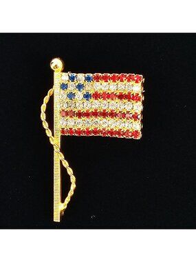 American Flag Brooch Pin Red White Blue Rhinestone Gold Tone Patriotic USA